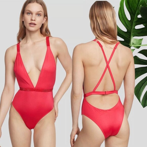 New! Victoria’s Secret Red Shine Strap Plunge One Piece Swimsuit 3683 - Picture 8 of 8